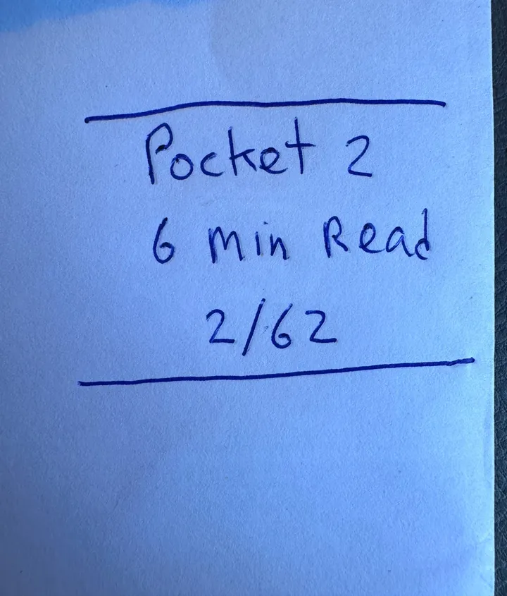 Biro sketch of the opening card: Pocket 2, 6 min read, 2 of 62, between two rules.
